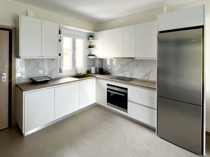 Fully Equipped Kitchen Fully equipped kitchen at Thálassa Blu Family Maisonette in Nikiti Chalkidiki Greece modern holiday accommodation with dining and cooking fa
