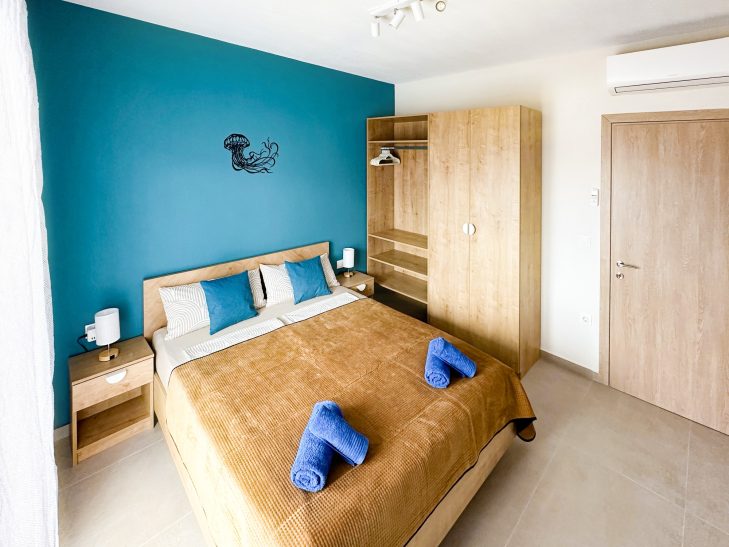 Bedroom Jellyfish Bedroom with sea view terrace at Thálassa Blu Family Maisonette in Nikiti Chalkidiki Greece modern holiday accommodation