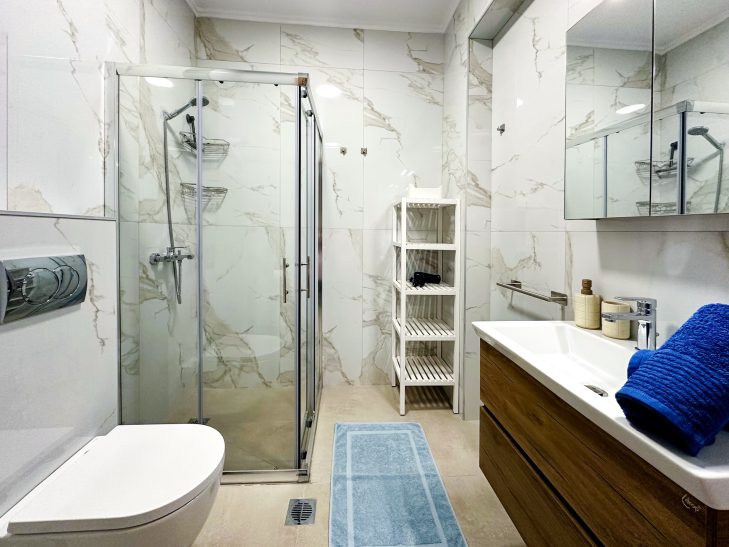 First Floor Bathroom Bathroom at Thálassa Blu Family Maisonette in Nikiti Chalkidiki Greece modern clean and fully equipped holiday accommodation bathroom