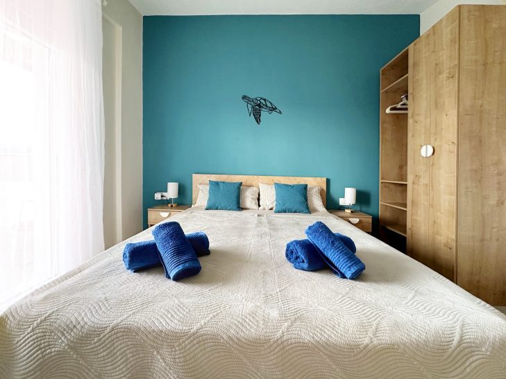 Bedroom Turtle Bedroom with sea view terrace at Thálassa Blu Family Maisonette in Nikiti Chalkidiki Greece modern holiday accommodation